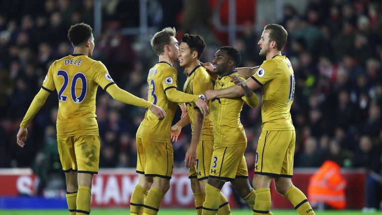 Heung-Min Son of Tottenham Hotspur (7) celebrates with team mates as he scores their third goal during the Premier League match v Southampton