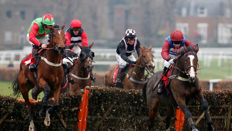 Wayne Hutchinson and Dino Velvet (right) clear the last to win the Beazley Insurance Introductory Juvenile Hurdle at Sandown.