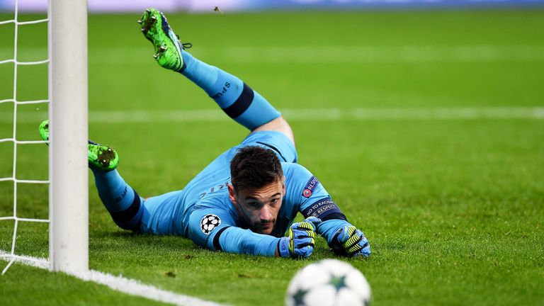 Hugo Lloris watches the ball go wide of the post during the match against Bayer Leverkusen