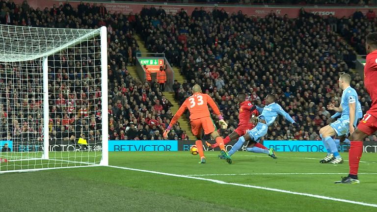 Imbula scores an own goal for Stoke against Liverpool at Anfield in the Premier League.