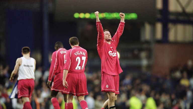 16 Apr 2001:  Jamie Carragher of Liverpool celebrates victory after the FA Carling Premiership match against Everton played at Goodison Park, in Liverpool,