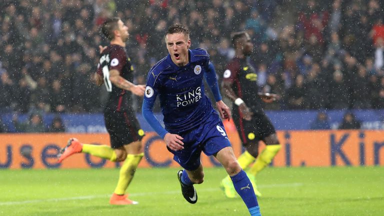 Jamie Vardy celebrates after scoring against Leicester