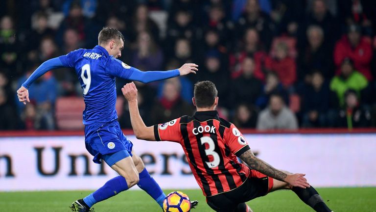 BOURNEMOUTH, ENGLAND - DECEMBER 13:  Jamie Vardy of Leicester City gets off a shot on goal under pressure from Steve Cook of AFC Bournemouth during the Pre