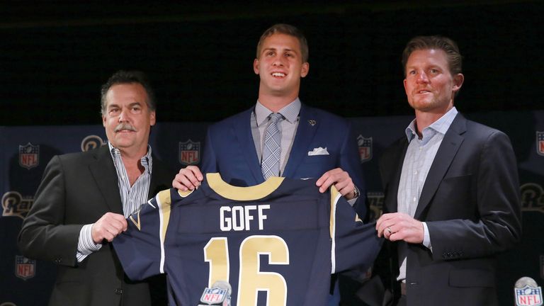 LOS ANGELES, CA - APRIL 29:  (L-R)  Head coach Jeff Fisher, quarterback Jared Goff and general manager Les Snead of the Los Angeles Rams hold up Goff's jer