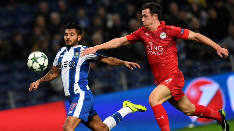 Porto's Mexican forward Jesus Corona (L) vies with Leicester City's defender  Ben Chilwell during the UEFA Champions League football match FC Porto vs Leic