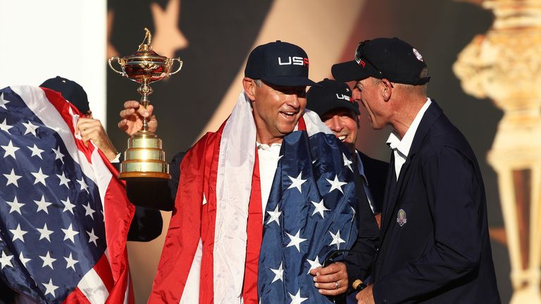 CHASKA, MN - OCTOBER 02: Captain Davis Love III of the United States celebrates with vice-captain Jim Furyk during the closing ceremony of the 2016 Ryder C