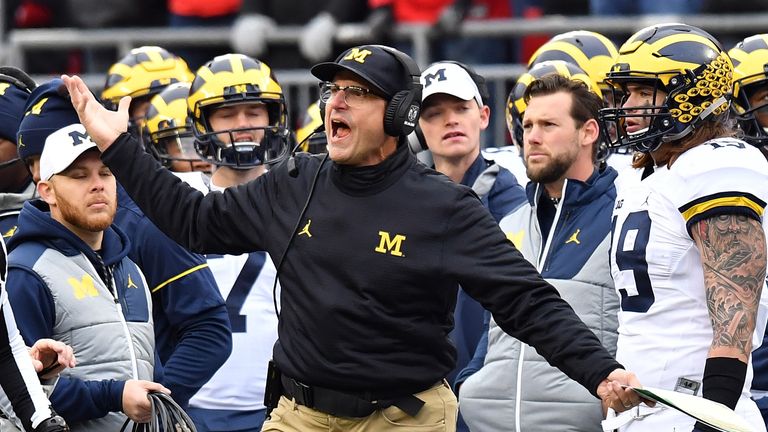 COLUMBUS, OH - NOVEMBER 26:   Head coach Jim Harbaugh of the Michigan Wolverines argues a call on the sideline during the second half against the Ohio Stat