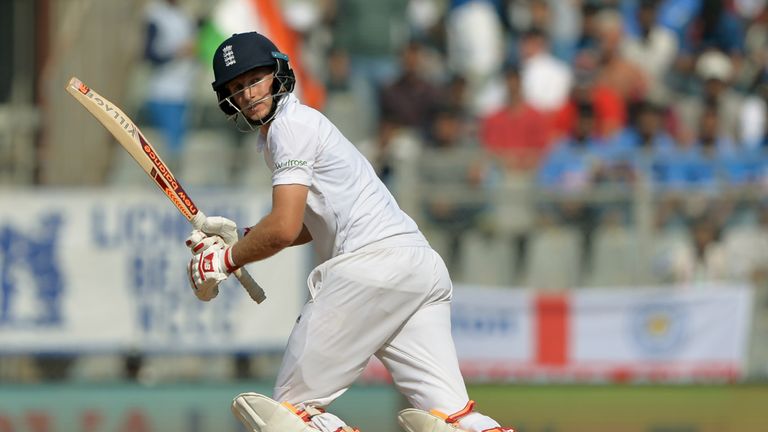 England's Joe Root plays a shot on the fourth day of the fourth Test cricket match between India and England at the Wankhede stadium in Mumbai on December 