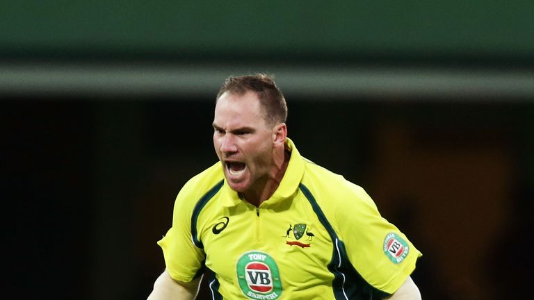 SYDNEY, AUSTRALIA - JANUARY 23:  John Hastings of Australia celebrates taking the wicket of Virat Kohli of India during game five of the Commonwealth Bank 