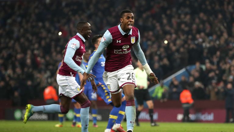 Aston Villa's Jonathan Kodija celebrates scoring his side's first goal of the game from the penalty spot during the Sky Bet Championship match at Villa Par