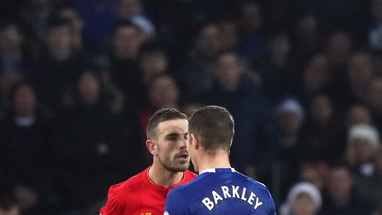 Jordan Henderson and Ross Barkley exchange words during the derby match at Goodison Park