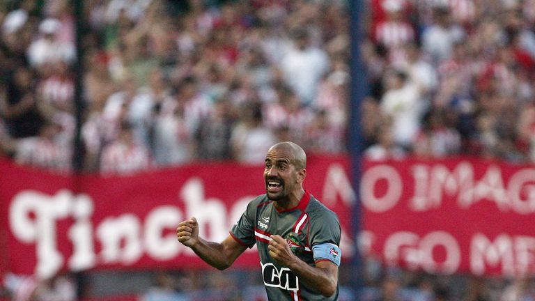 Estudiantes de la Plata Juan Sebastian Veron celebrates a goal during the first division football match against Argentino Juniors at Centenario stadium, in