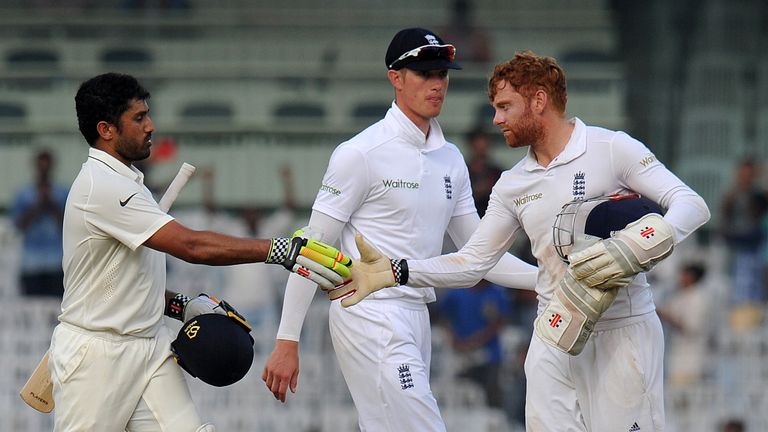 Jonny Bairstow congratulates Karun Nair after his triple ton in Chennai (Credit: AFP)