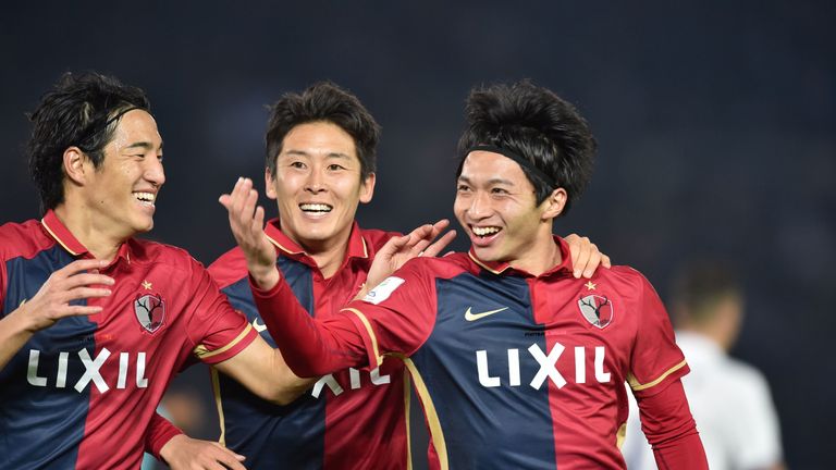 Gaku Shibasaki celebrates his second goal during the World Club Cup match against Real Madrid