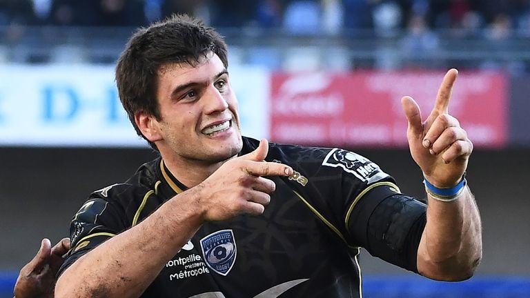 Montpellier's French flanker Kelian Galletier celebrates after scoring a try during the European rugby champions cup match between Montpellier and Castres 