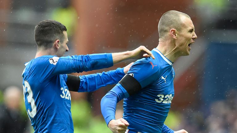 Kenny Miller celebrates with Jason Holt after scoring the opening goal at Ibrox Stadium