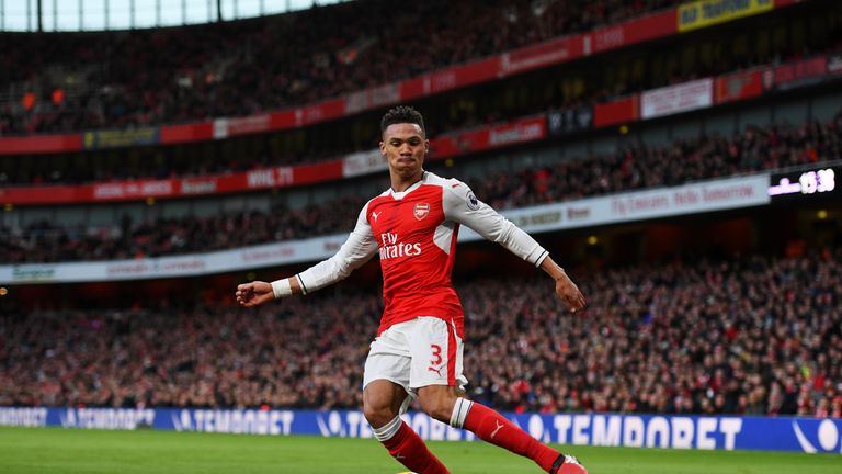 LONDON, ENGLAND - DECEMBER 26:  Kieran Gibbs of Arsenal crosses the ball during the Premier League match between Arsenal and West Bromwich Albion at Emirat