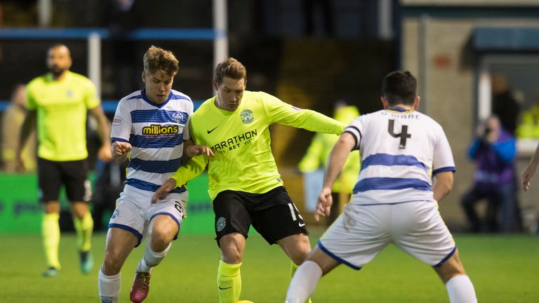 Morton's Andrew Murdoch (L) and Thomas O'Ware (No 4) keep a close eye on Kris Commons