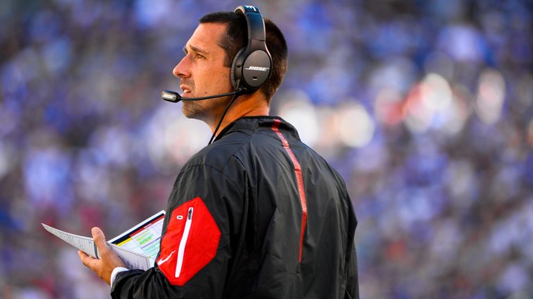 EAST RUTHERFORD, NJ - SEPTEMBER 20: Atlanta Falcons offensive coordinator Kyle Shanahan looks on during a game against the New York Giants at MetLife Stadi