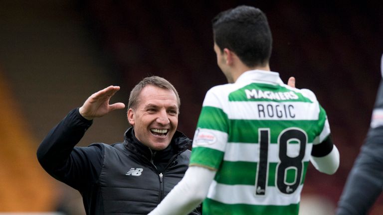 Celtic manager Brendan Rodgers with Tom Rogic at full-time