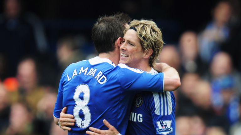 LONDON, ENGLAND - APRIL 29:  Fernando Torres of Chelsea celebrates with Frank Lampard as he scores their fifth goal and completes his hat trick during the 