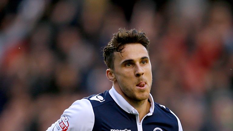Millwall's Lee Gregory celebrates scoring their first goal of the game during the Sky Bet League One Play-Off Semi Final, Second Leg match at The Den, Lond