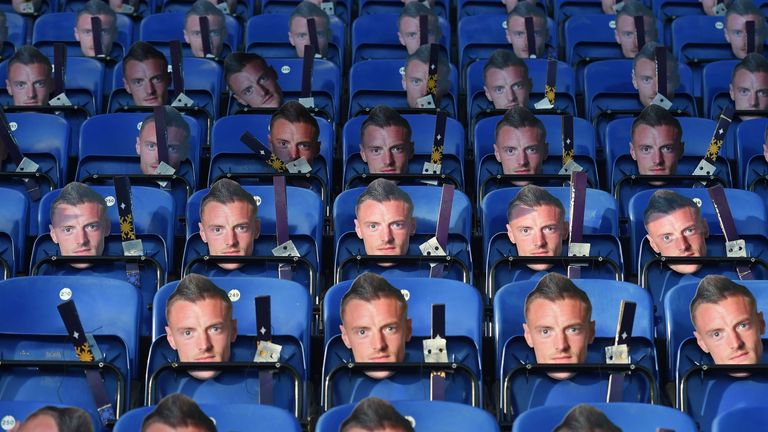 Jamie Vardy masks are left on the seats ahead of the match at King Power Stadium