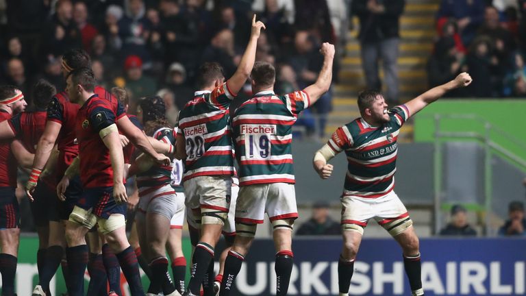 LEICESTER, ENGLAND - DECEMBER 17:  Ed Slater (R) of Leicester celebrates their victory during the European Rugby Champions Cup match between Leicester Tige