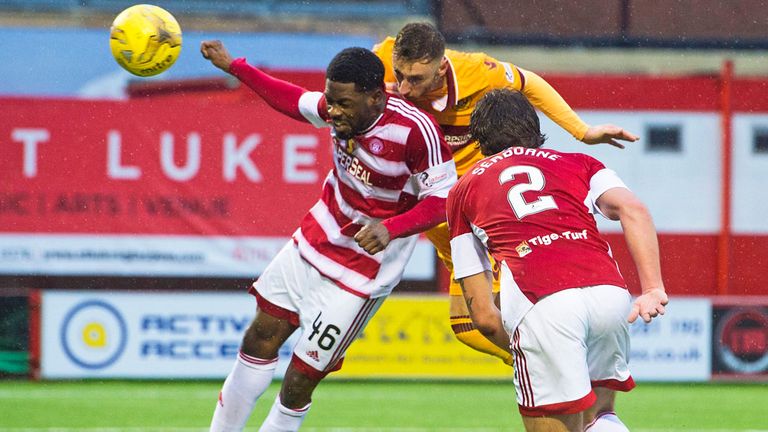 Louis Moult (C) scores for Mothewell at Hamilton