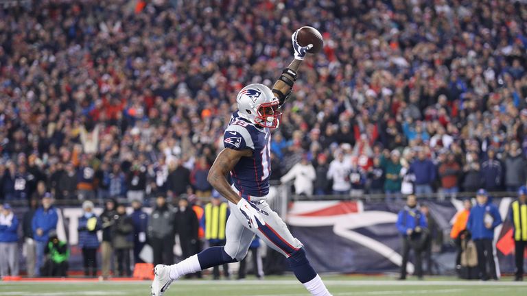 FOXBORO, MA - DECEMBER 12:  Malcolm Mitchell #19 of the New England Patriots celebrates scoring a touchdown during the second quarter against the Baltimore