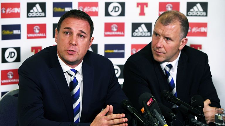 Malky Mackay and Stewart Regan address Scottish media at Hampden Park in Glasgow