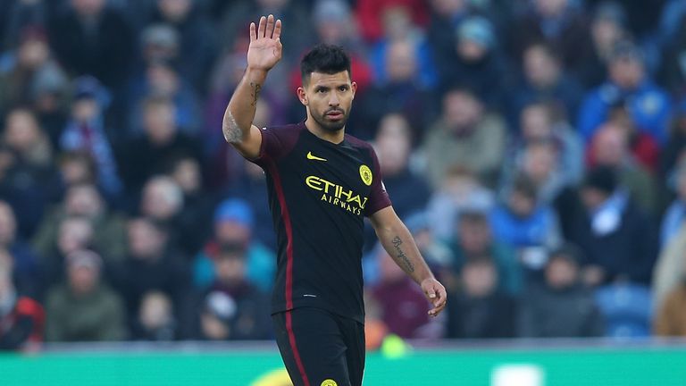 BURNLEY, ENGLAND - NOVEMBER 26:  Sergio Aguero of Manchester City applauds fans as he is substituted during the Premier League match between Burnley and Ma