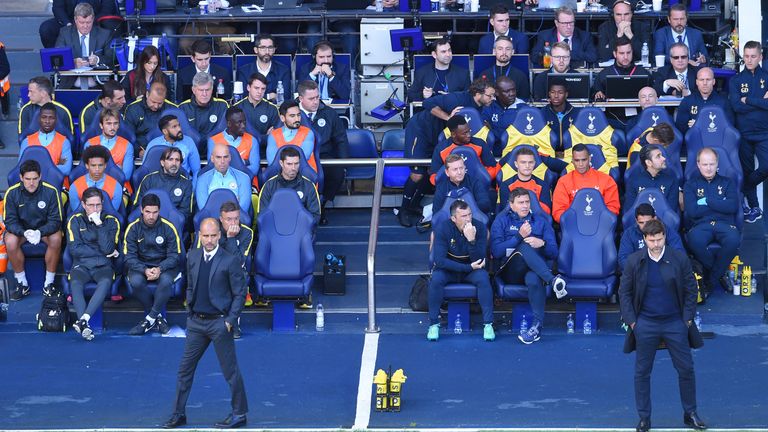 LONDON, ENGLAND - OCTOBER 02: General view of the benches during the Premier League match between Tottenham Hotspur and Manchester City at White Hart Lane 