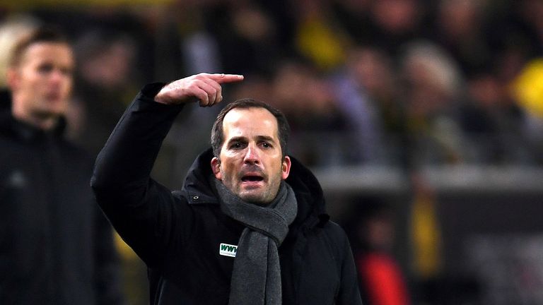 Augsburg's head coach Manuel Baum reacts during the German First division Bundesliga football match between Borussia Dortmund and FC Augsburg, in Dortmund,