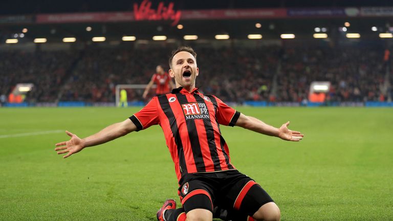 AFC Bournemouth's Marc Pugh celebrates scoring his side's first goal of the game during the Premier League match at the Vitality Stadium, Bournemouth.