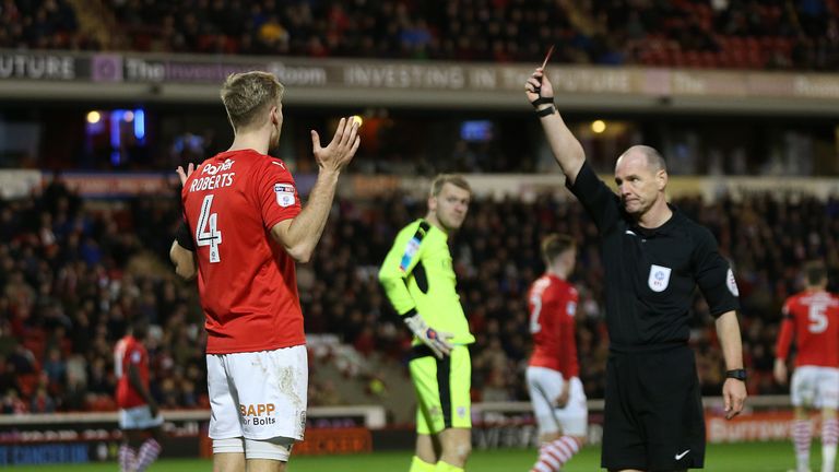 Barnsley's Marc Roberts is sent off for a foul on Birmingham City's Che Adams 