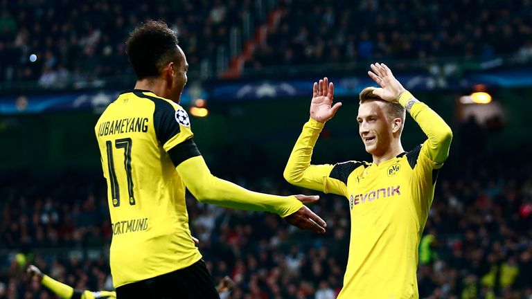 MADRID, SPAIN - DECEMBER 07:  Marco Reus of Borussia Dortmund (R) celebrates scoring his sides second goal with Pierre-Emerick Aubameyang of Borussia Dortm