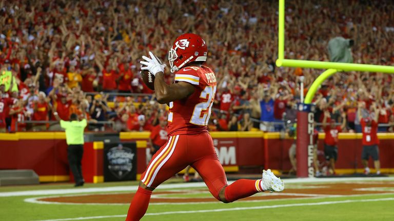 KANSAS CITY, MO - SEPTEMBER 17: Marcus Peters #22 of the Kansas City Chiefs returns an interception for a touchdown during the game against the Denver Bron