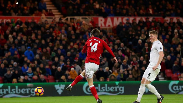 MIDDLESBROUGH, ENGLAND - DECEMBER 17: Marten de Roon of Middlesbrough (C) scores his sides third goal during the Premier League match