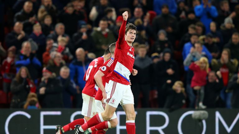 MIDDLESBROUGH, ENGLAND - DECEMBER 17:  Marten de Roon of Middlesbrough (C) celebrates scoring his sides third goal during the Premier League match between 