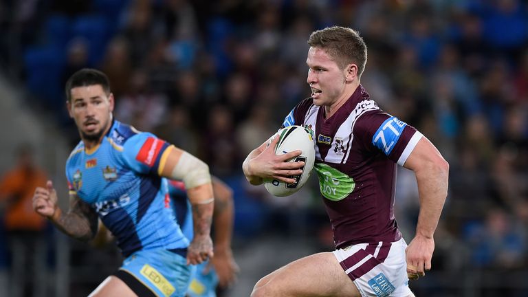 GOLD COAST, AUSTRALIA - JUNE 20:  Matt Parcell of the Sea Eagles makes a break during the round 15 NRL match between the Gold Coast Titans and the Manly Se