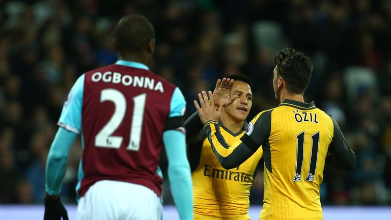 Mesut Oezil celebrates with Alexis Sanchez