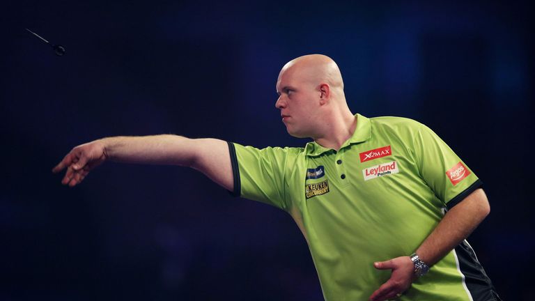 Michael van Gerwen in action during day three of the PDC World Darts Championship