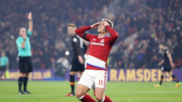 Middlesbrough's Viktor Fischer reacts after he is ruled offside 