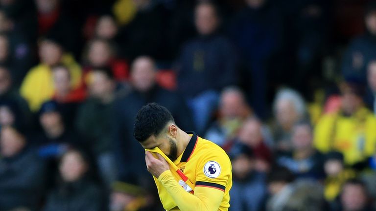 Watford's Miguel Britos reacts after being sent off during the Premier League match at Vicarage Road, London.
