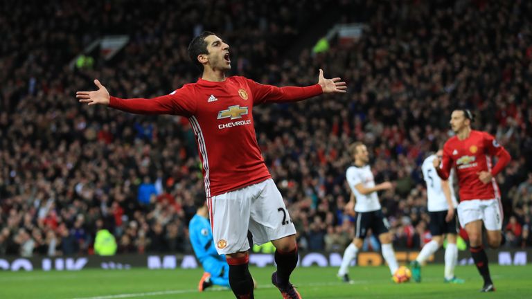 MANCHESTER, ENGLAND - DECEMBER 11:  Henrikh Mkhitaryan of Manchester United celebrates scoring the opening goal during the Premier League match between Man