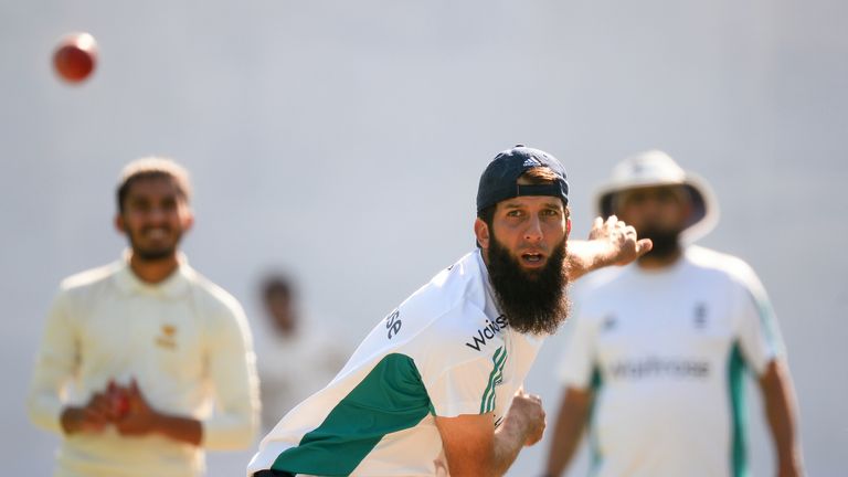 Moeen Ali bowls during a training session ahead of the third Test match against India
