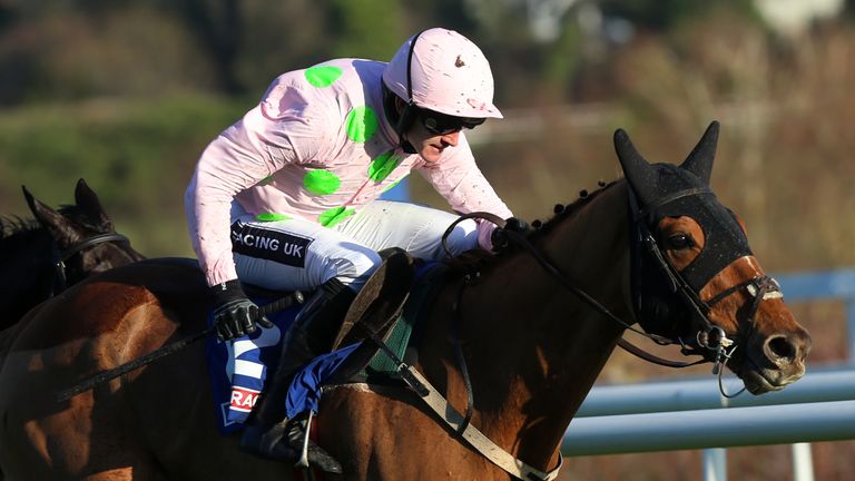 Montalbano and Ruby Walsh on their way to winning the At The Races Maiden Hurdle at Leopardstown.