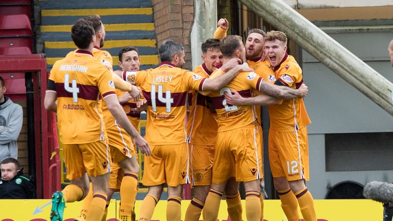 03/11/16 LADBROKES PREMIERSHIP  .  MOTHERWELL v CELTIC  .  FIR PARK - MOTHERWELL  .  Motherwell's Louis Moult (2nd from right) celebrates his goal