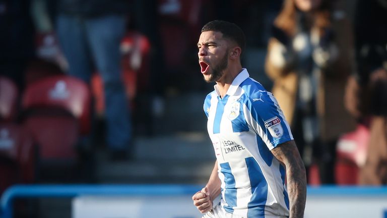 Huddersfield Town's Nahki Wells celebrates after scoring a late equaliser against Blackburn